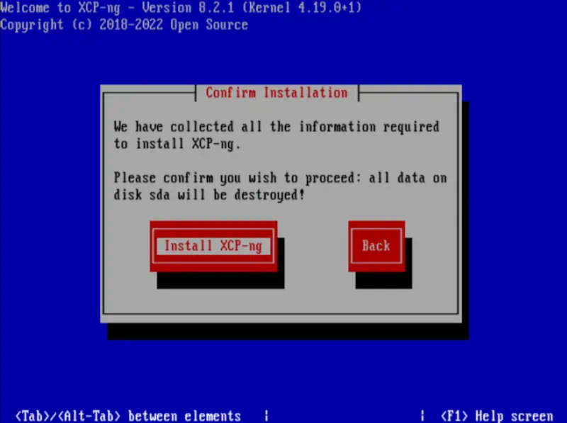 Beginning the installation of XCP-ng