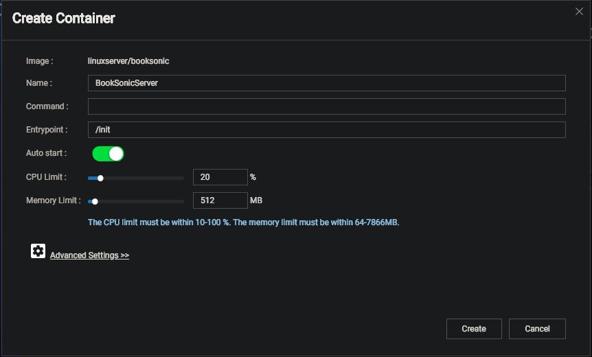 Booksonic on QNAP configure CPU and memory