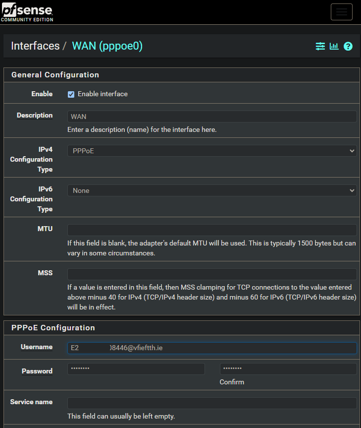 pfsense setting up PPPoE on WAN interface